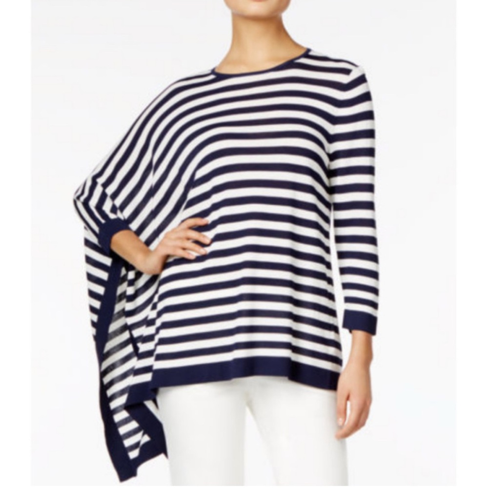 Anne Klein Sweater Striped Poncho Top Asymmetric Knit Pullover Nautical Large